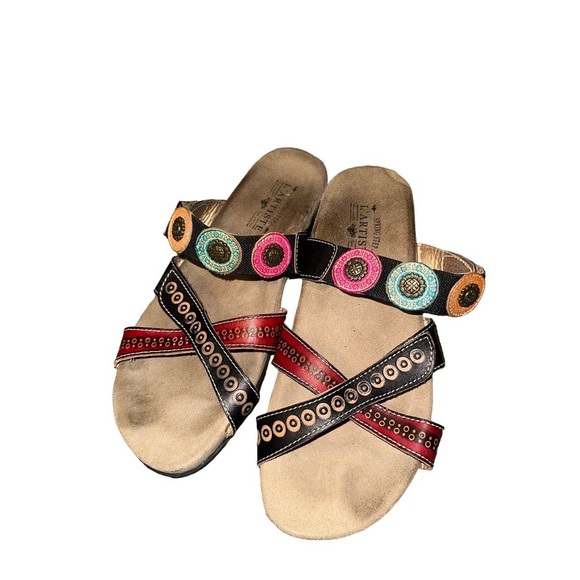 L'Artiste by Spring Step Glendora Black/Red Leather Sandals Womens Size 7 - Picture 1 of 3